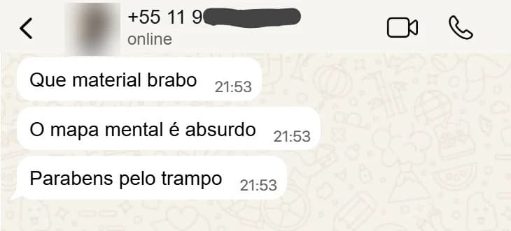 Mensagem de Aluno · DDD 11: elogia o material e o mapa mental