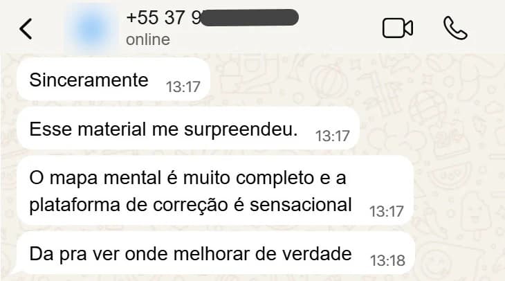 Mensagem de Aluno · DDD 37: o material surpreendeu, o mapa é completo e dá para ver onde melhorar